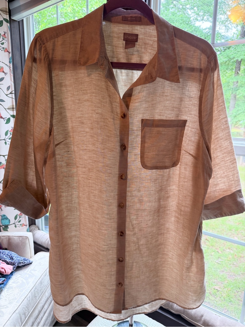 Chico's Lightweight Sheer Button-Up Shirt in Taupe
